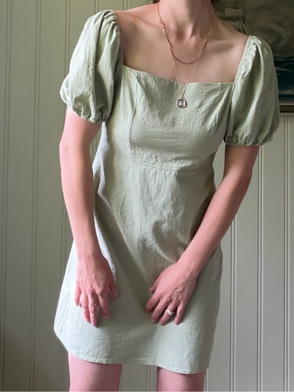 Linen Like Pistachio Green Crepe Puff Sleeve Square Neck Mini Dress NastyGal S/M